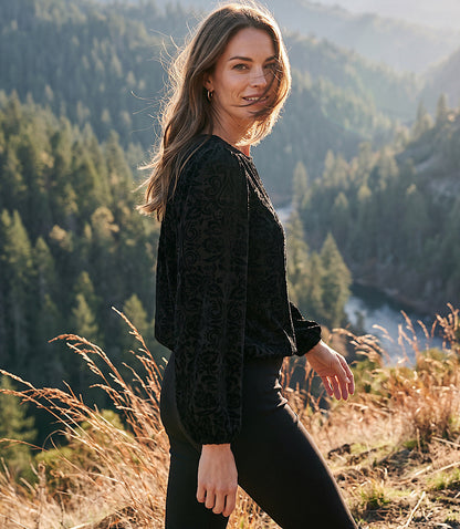 Petite Size Blouson Sleeve Velvet Burnout Boatneck Top