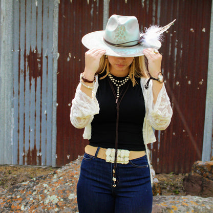 Double Strand Lariat White Turquoise Necklace w/ Copper Feather