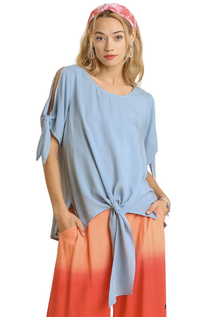 Womens Casual Blouse Elegant Tie Sleeve Top Minimalist Chic Office Professional Dusty Blue Loose Fit