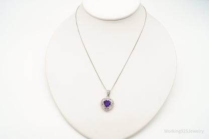 Vintage Amethyst Cubic Zirconia Heart Sterling Silver Necklace