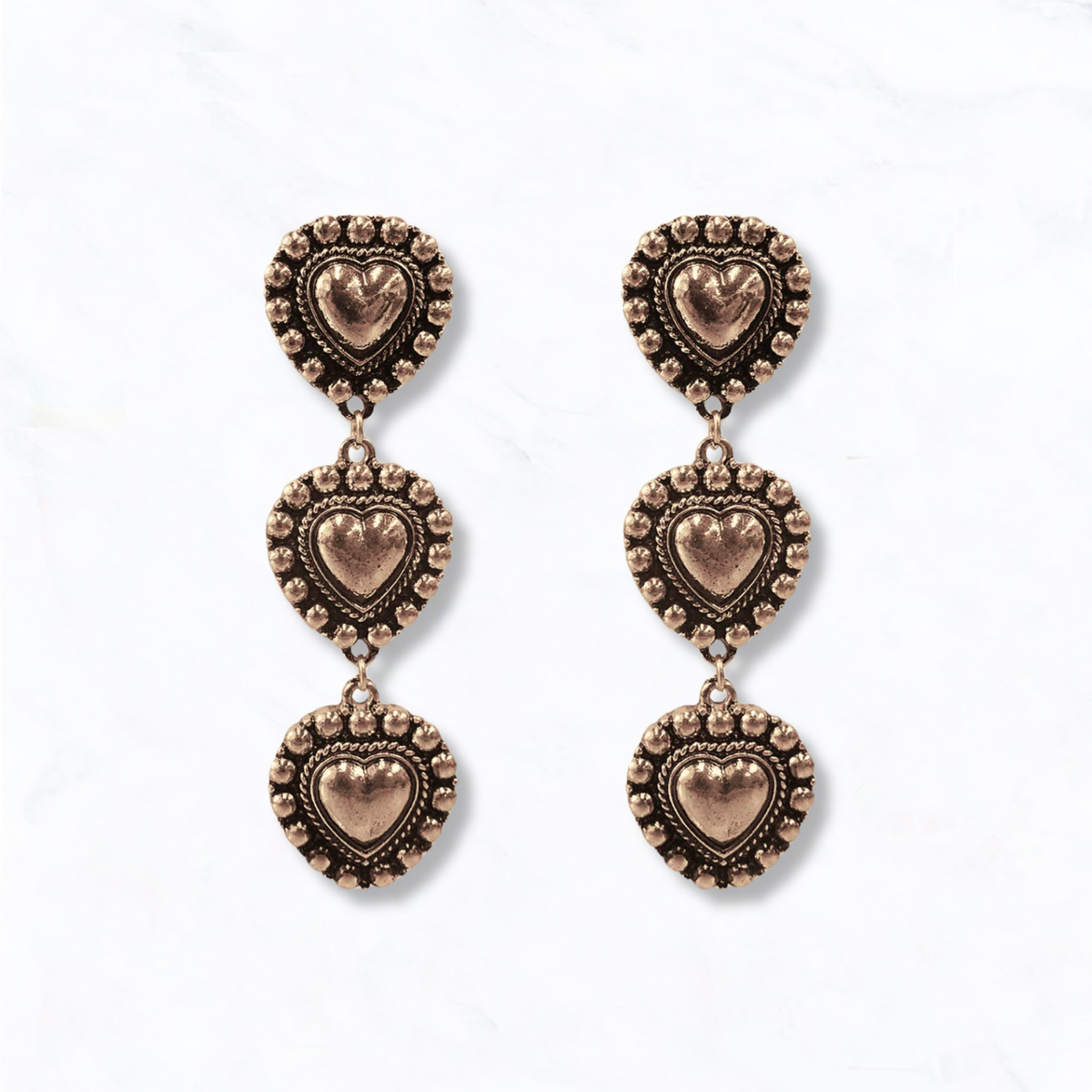 Western Inspired Triple Heart Dangle Earrings: Bronze