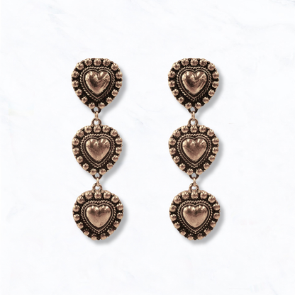 Western Inspired Triple Heart Dangle Earrings: Bronze