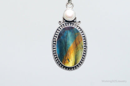Vintage Large Labradorite Pearl Sterling Silver Necklace Pendant