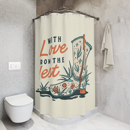 Western Boot Shower Curtain — "With Love From The West" Rustic Cowboy Bathroom Decor