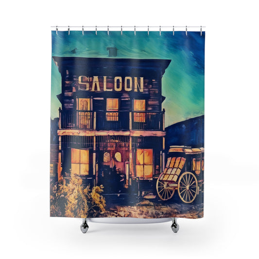Western Saloon Shower Curtain — Vintage Wild West Bar Scene Bathroom Decor