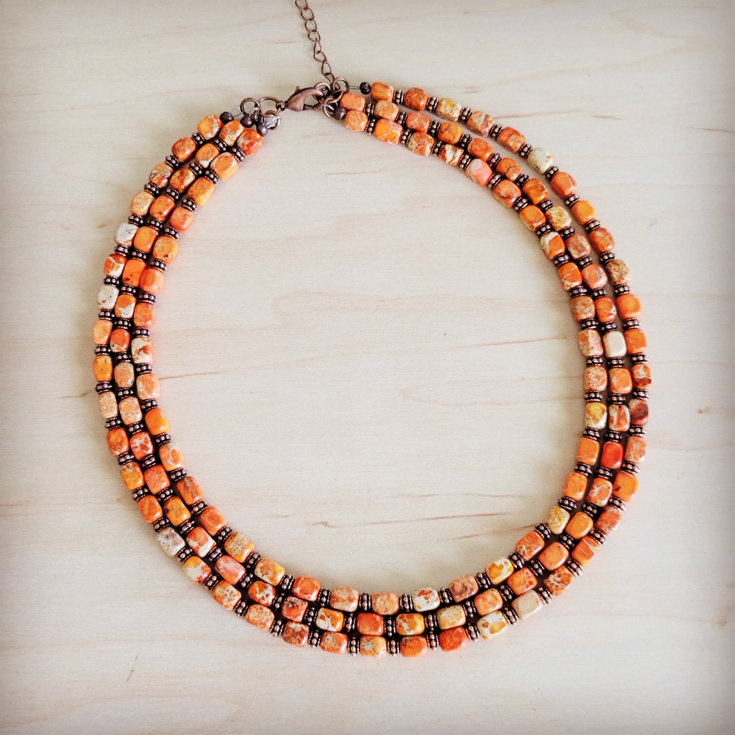 Triple Strand Layered Boho Orange Regalite Necklace 264n