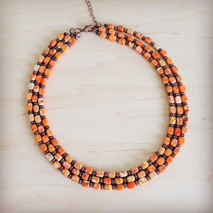 Triple Strand Layered Boho Orange Regalite Necklace 264n
