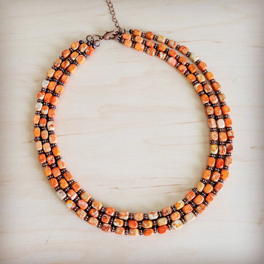 Triple Strand Layered Boho Orange Regalite Necklace 264n