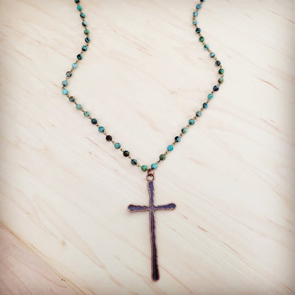 Genuine African Turquoise Long Beaded Necklace with Antique Copper Cross 262y