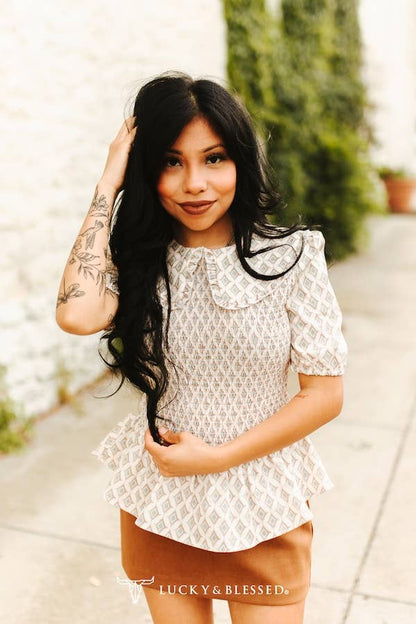 Beige Aztec Printed Puff Sleeve Smocked Flutter Top