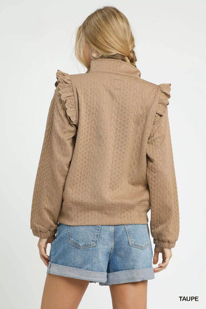 Umgee Cable Knit Textured Pullover with Ruffle Shoulders