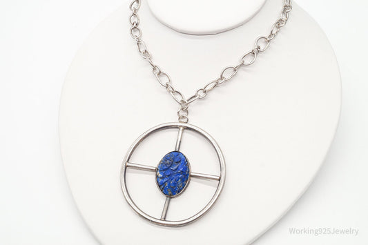 Antique Lapis Lazuli Modernist Style Large Pendant Silver Necklace