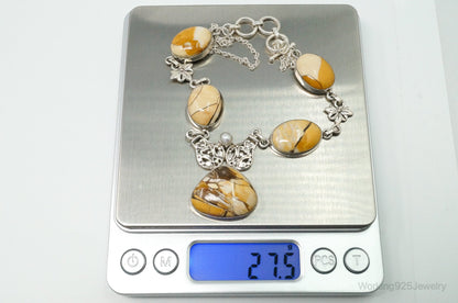 Vintage Brecciated Mookaite Jasper Pearl Sterling Silver Necklace