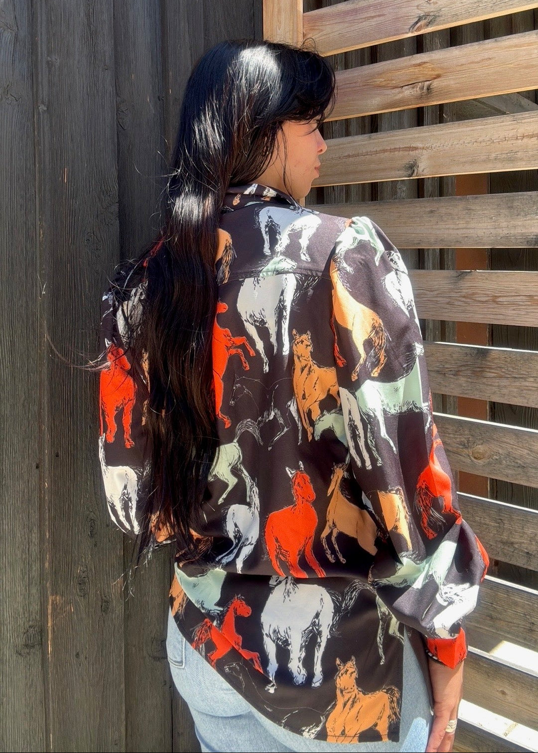Off To The Races Horse Print Blouse - Black
