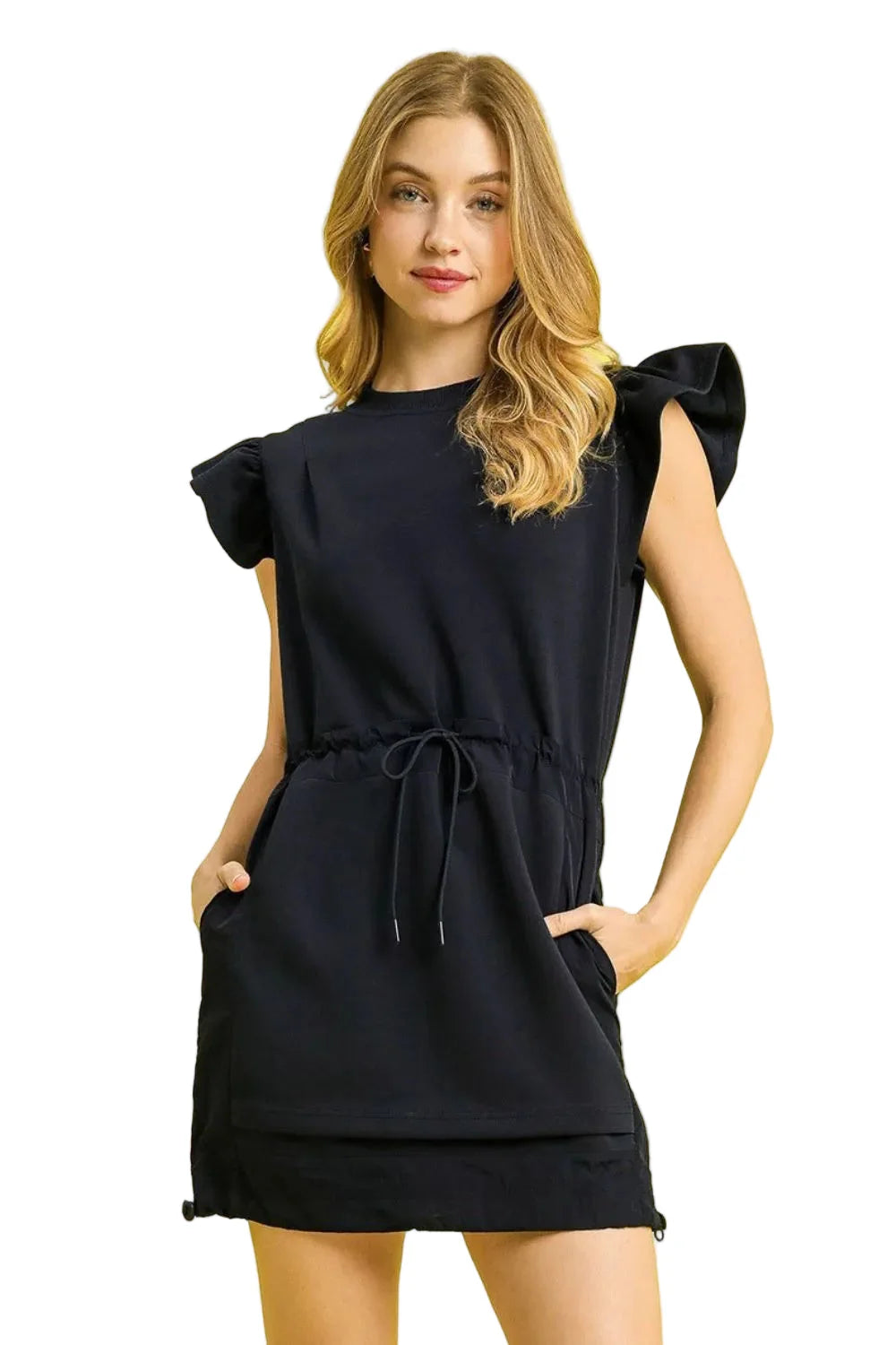 Garden Naked Womens Casual Mini Dress Elegant Ruffled Cap Sleeve Black Drawstring Waist Modern Statement Piece