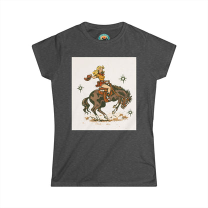 Western Cowgirl Riding Bucking Bronco T-Shirt — Vintage Rodeo Graphic Tee for Women