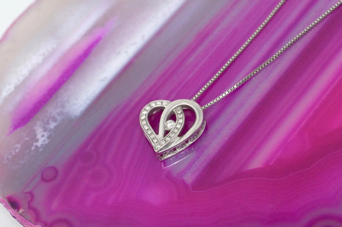 Lovely Vintage Cz Accented Open Heart Sterling Silver Necklace 22" -