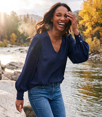 Petite Size Puff Sleeve V-Neck Top