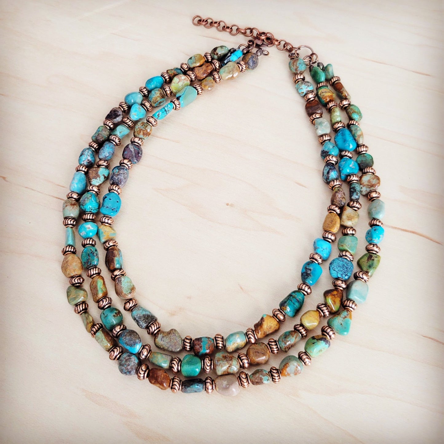 Genuine HuBei Turquoise & Copper Triple Strand Necklace 259t