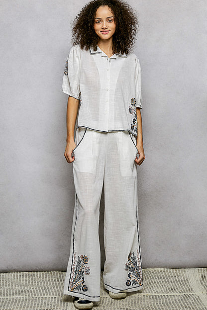 POL Button Down Embroidered Floral Short Sleeve Shirt