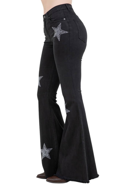 Black Denim Star Rhinestone Bell Bottom Jeans -32” Inseam
