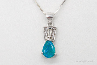 Vintage Designer Blue Opal Cubic Zirconia Sterling Silver Necklace