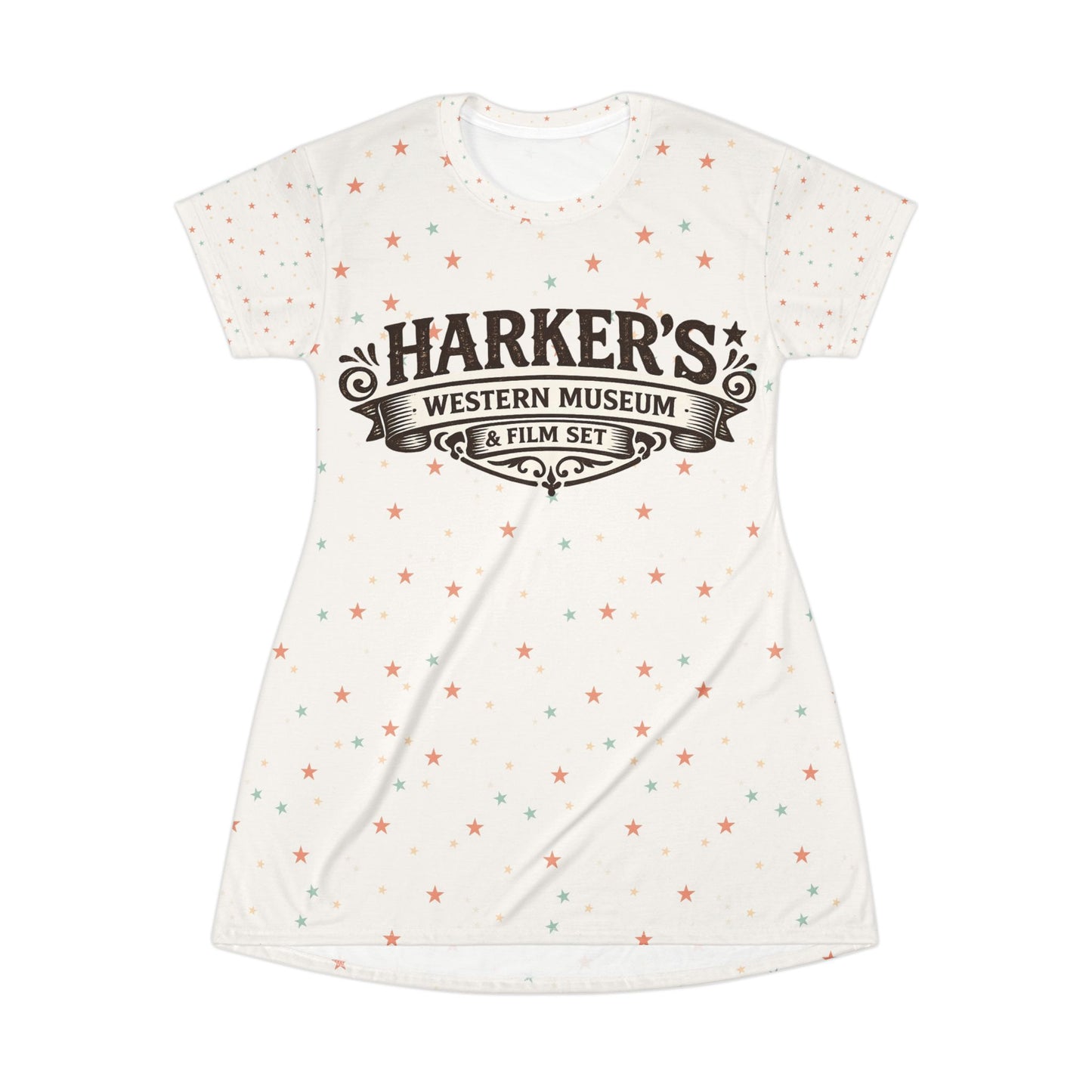 Harker's Old West Lives Here T-Shirt Dress — Retro Cowgirl Stars Graphic