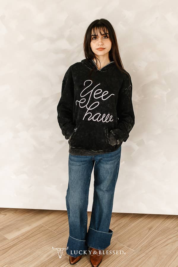 Black Mineral Wash Yeehaw Embroidered Detail Hoodie XL-3XL