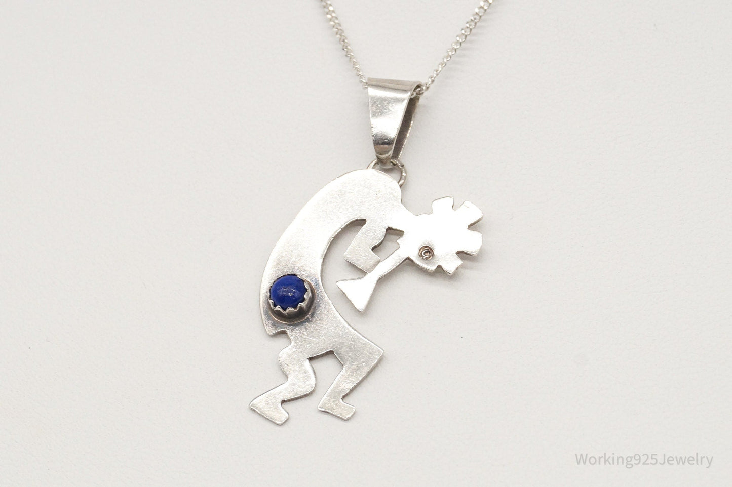 Vintage Native America Lapis Lazuli Dancing Kokopelli Sterling Silver Necklace