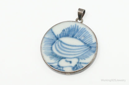 Vintage White Blue Ming Porcelain Sterling Silver Pendant