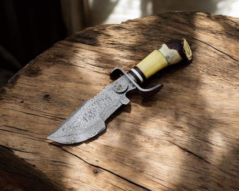 Custom Handmade Damascus Hunting Knife – Stag & Bone Handle