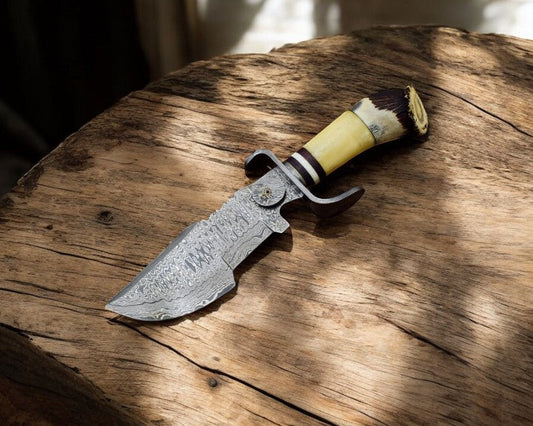 Custom Handmade Damascus Hunting Knife – Stag & Bone Handle