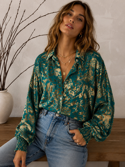 After Midnight Burnout Velvet Mesh Balloon Sleeve Button Up Blouse