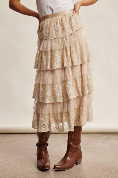 Taupe Lace Tiered Midi Skirt