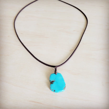 **Turquoise Slab Pendant on Leather Cord Necklace 254d