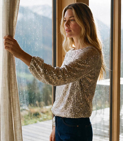 Petite Size Sequin Blouson Sleeve Boatneck Top