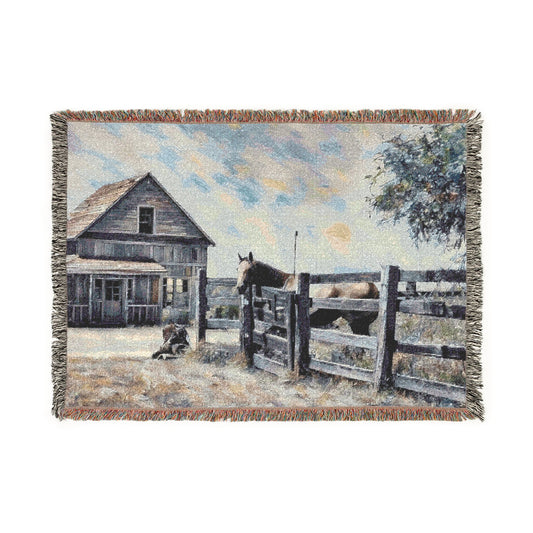 Rustic Farmhouse Woven Throw Blanket — Country House & Barn Scenic Tapestry