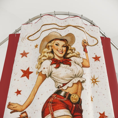 Kickin' Up Dust! Cowboy Pinup Shower Curtain — Retro Western Cowgirl Bathroom Decor