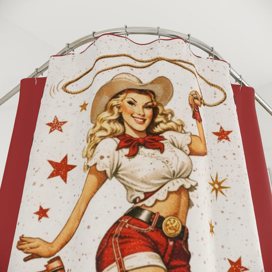 Kickin' Up Dust! Cowboy Pinup Shower Curtain — Retro Western Cowgirl Bathroom Decor
