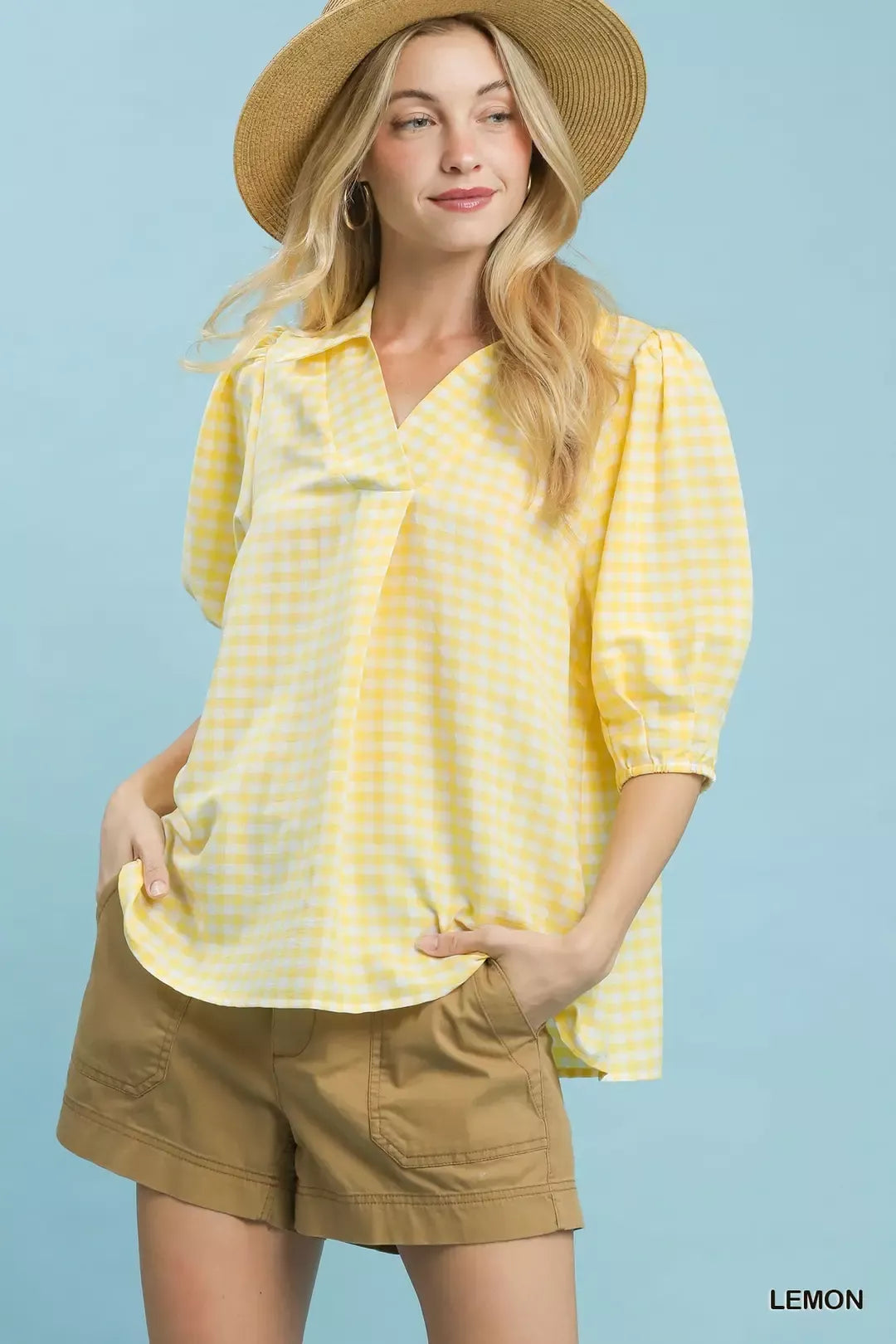 Umgee Gingham Puff Sleeve Collared Blouse in Lemon