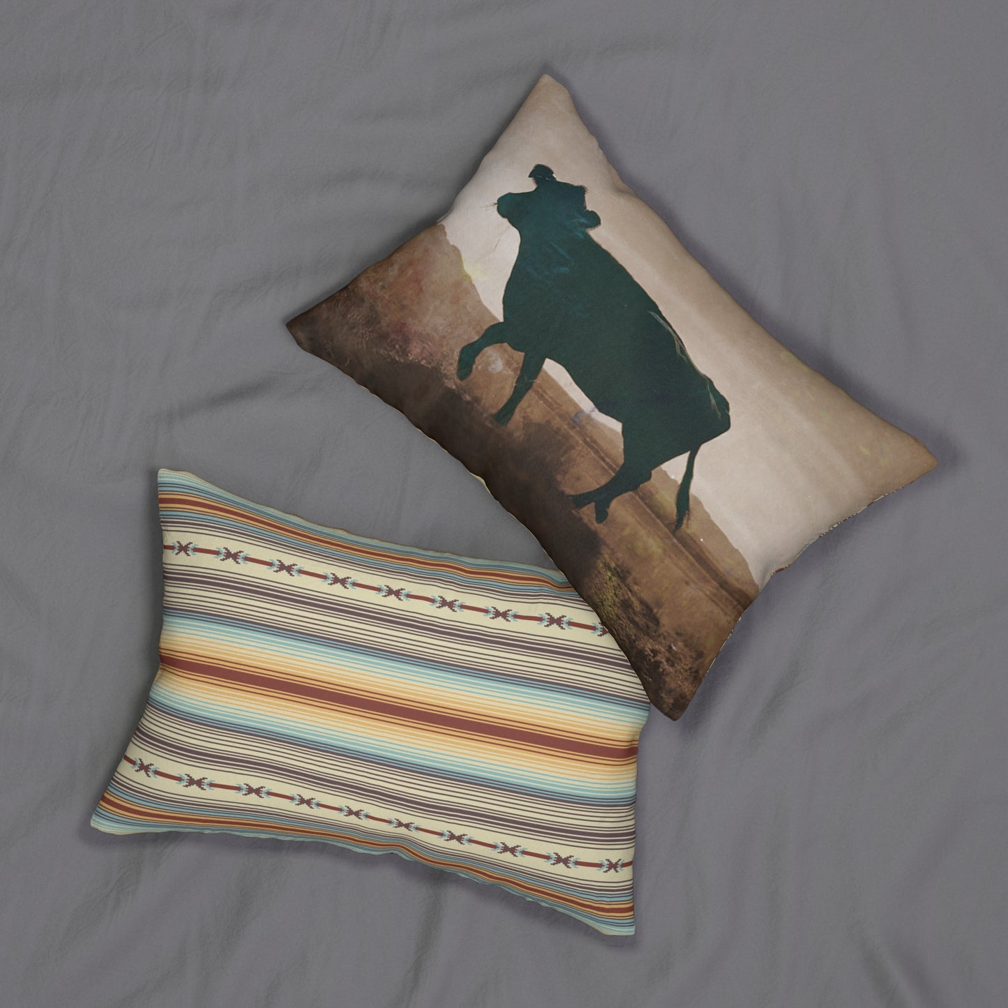 Rustic Cow Silhouette Lumbar Pillow — Southwestern Striped Decorative Pillow