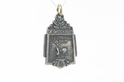Vintage Antique 1938 Columbus Day Swim Sterling Silver Necklace Pendant