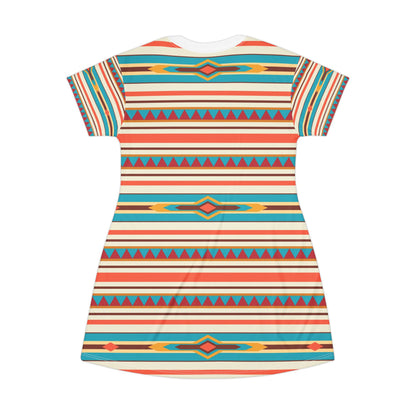Southwestern Stripe T‑Shirt Dress — Colorful Aztec Boho AOP Dress