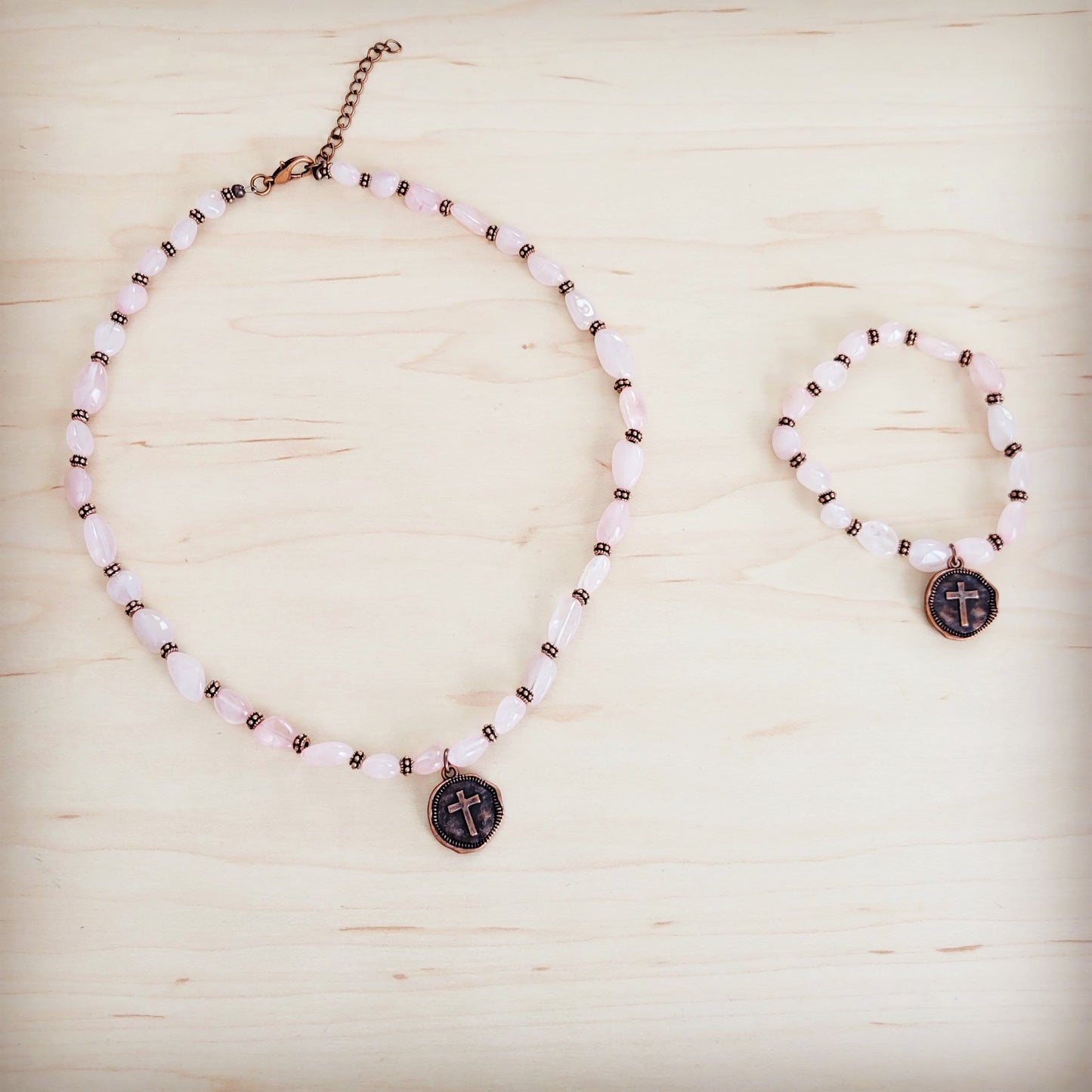 Rose Quartz Collar Necklace w/ Copper Cross Round Charm 263j