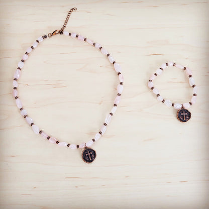 Rose Quartz Collar Necklace w/ Copper Cross Round Charm 263j