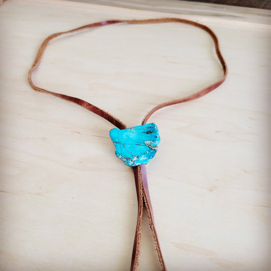 Leather Lariat Boho Necklace w/ Blue Regalite Slab Accent 264f
