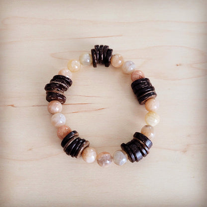 Natural Agate and Wood Beaded Stretch Bracelet 811n