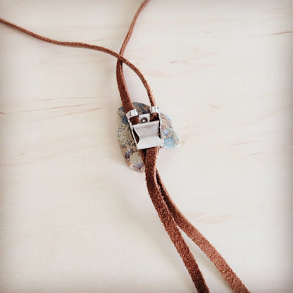 Leather Lariat Boho Necklace w/ Aqua Terra Slab Accent 264e