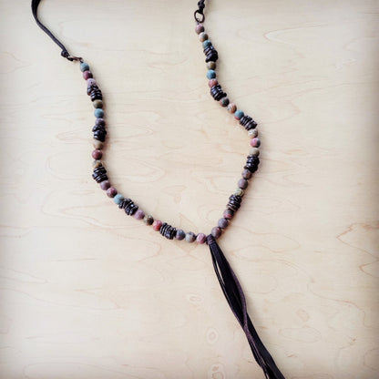 **Picasso Jasper Necklace with Wood Beads and Leather Tassel 261i