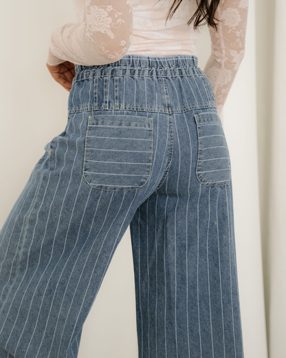 PREORDER - Cora Stripe Button Pleated Drawstring Waist Casual Wide Leg Jeans